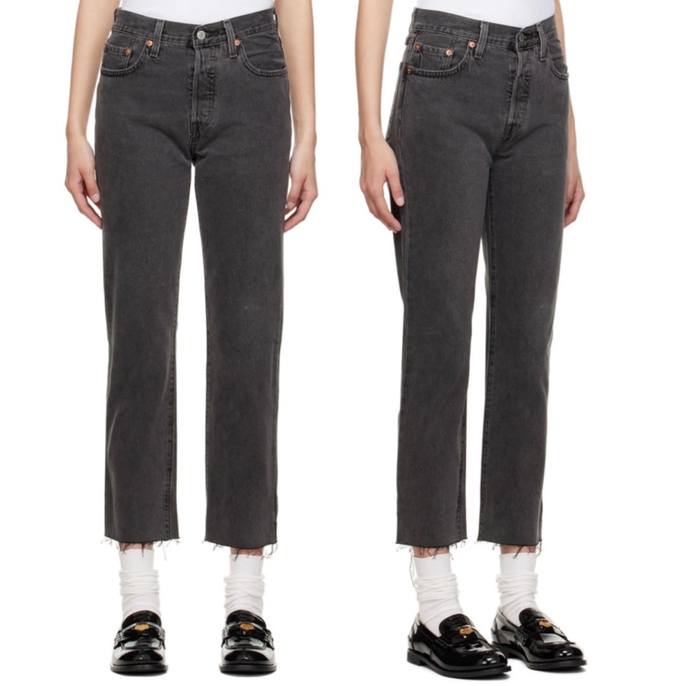 LEVI’S faded black Original Fit 501 button fly raw hem straight leg jeans 31